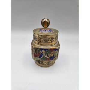 Vintage CHINESE ENAMELED Brass TEA CADDY JAR Amber Lucite Topper Lid Scene